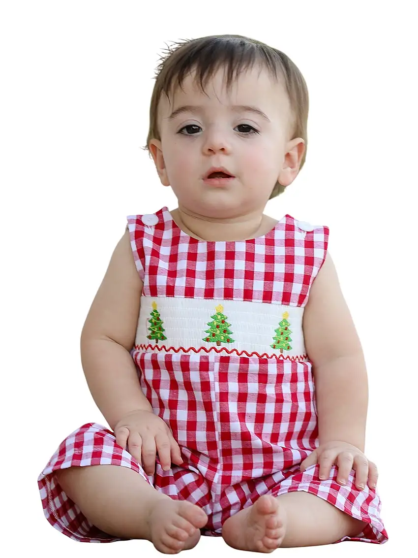 Christmas Tree Smocking Embroidered Boys Romper