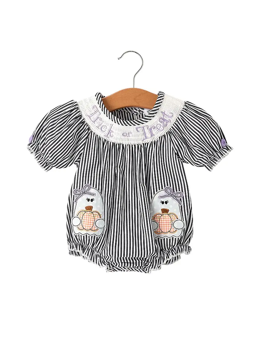 Halloween Striped "trick Or Treat" Smock Embroidered Baby Girl Romper
