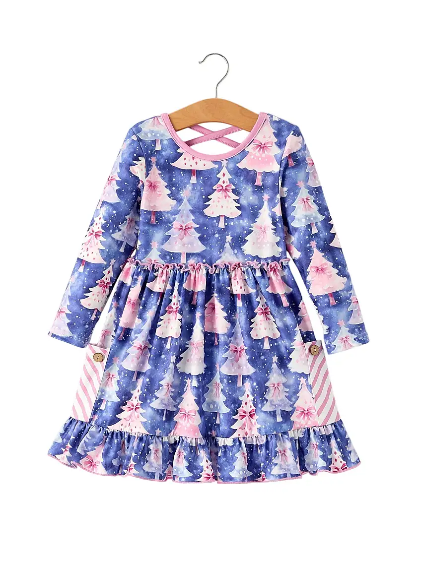 Winter Purple Christmas Tree Long Sleeve Ruffle Pocket Girls Dress