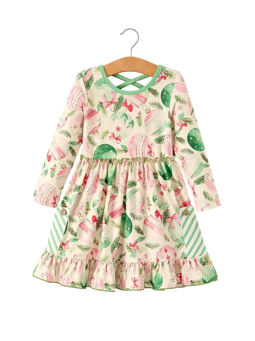 Winter Christmas Green Girls Pocket Dress