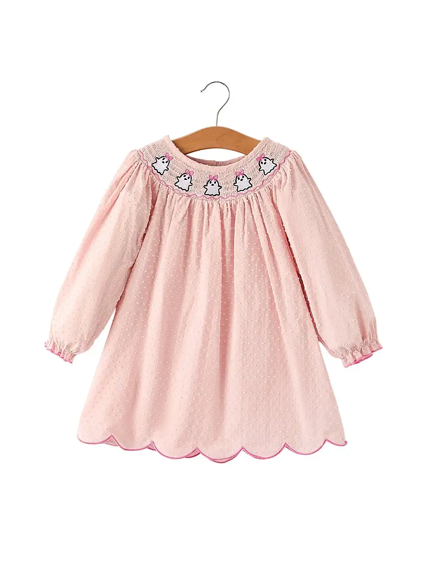 Autumn Halloween Light Pink Ghost Embroidery Smock Girl Dress
