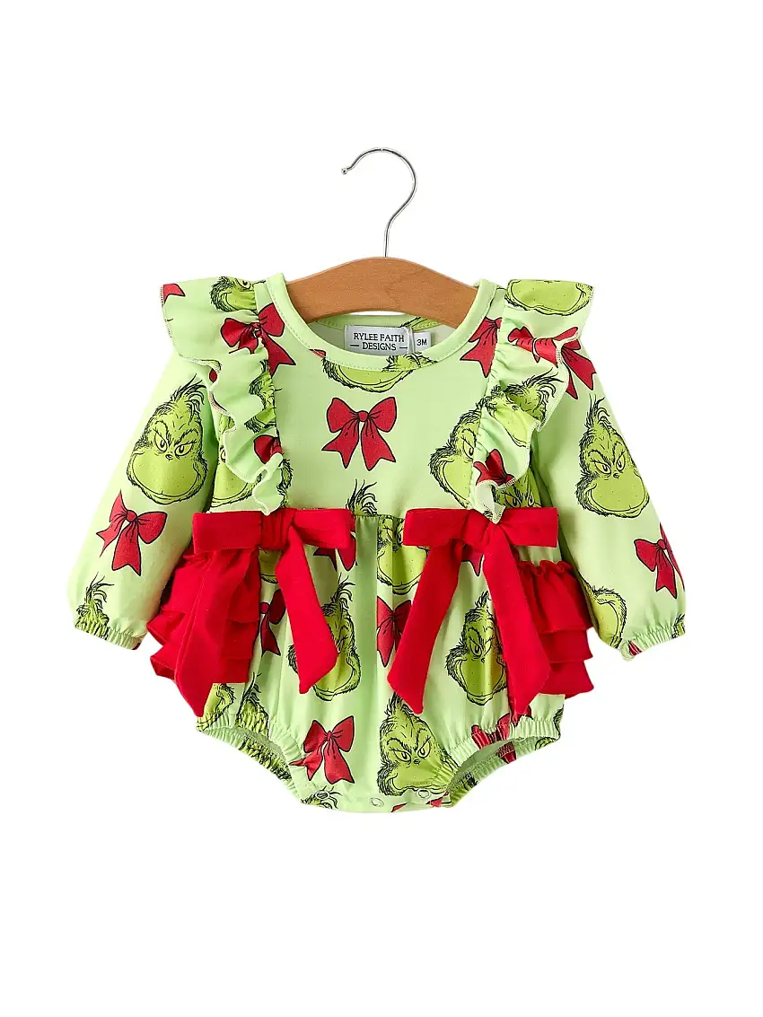 Preorder Christmas Baby Girls Romper With Character Print And Red Bows