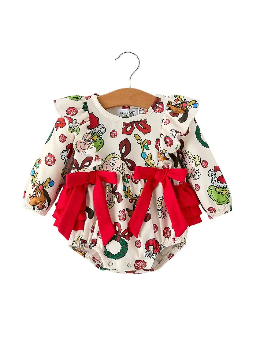 Christmas Character Print Baby Girls Romper With Red Bow Detail