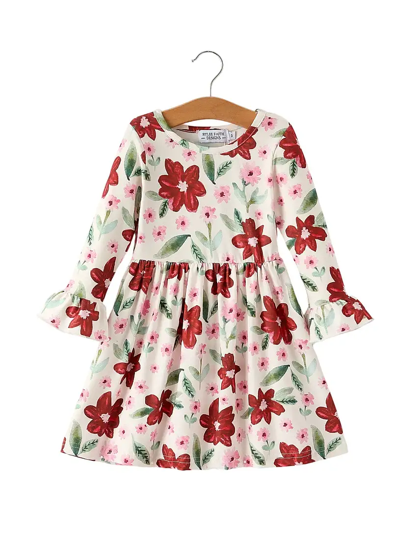 Christmas Girls' Long Sleeve Floral Dress – Red And Pink