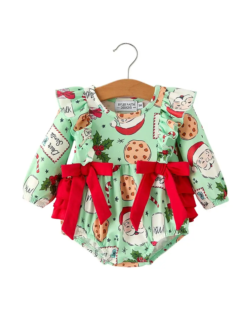 Christmas Santa And Cookie Print Baby Girls Romper With Red Bow Detail