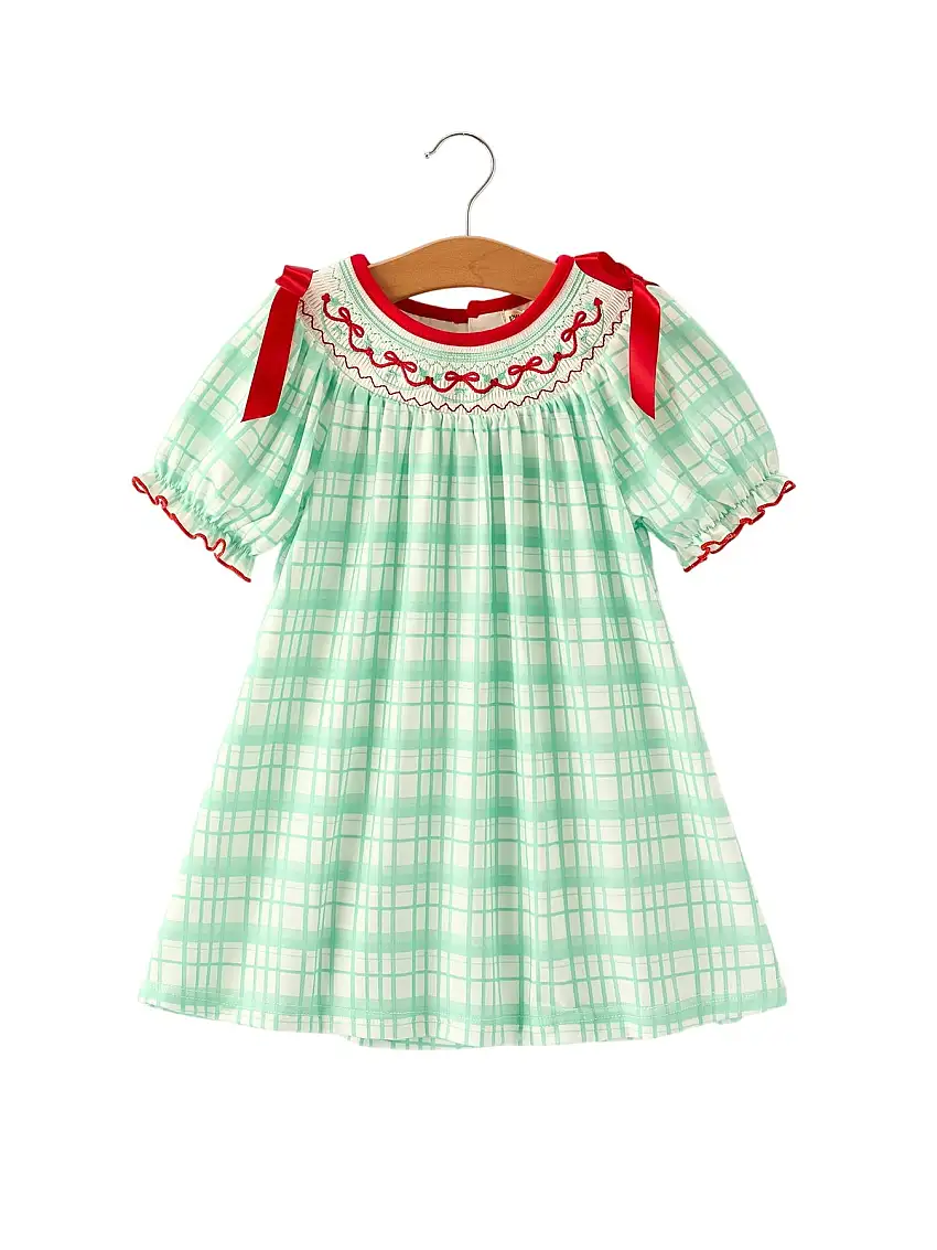 Christmas Girl Smock Embroidery Green Plaid Dress