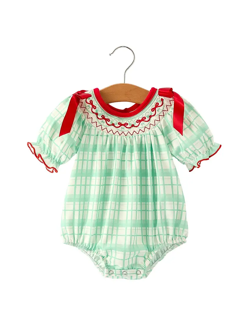 Christmas Baby Girl Smock Embroidery Green Plaid Romper
