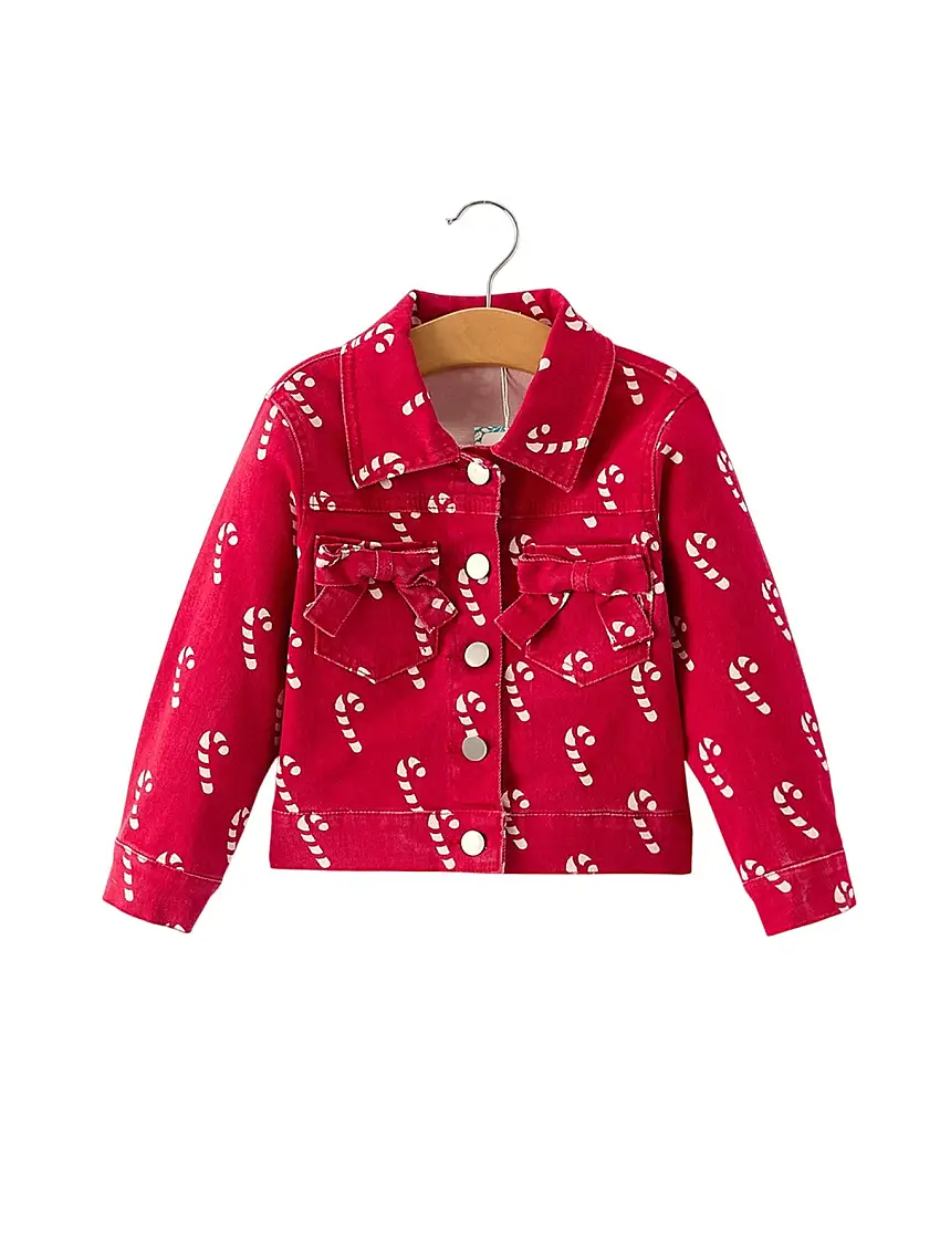 Girls Red Christmas Themed Denim Jacket