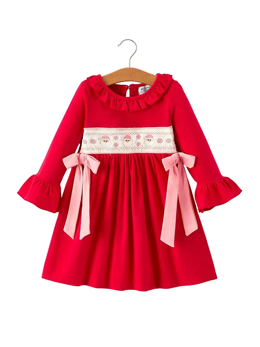 Christmas Smocked Embroidery Girls Dress With Pink Ribbon Ties