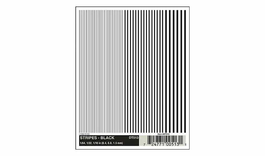 Woodland Scenics 513 All Scale Dry Transfer Alphabet & Number Sets -- Stripes - Black 1/64, 1/32 & 1/16"