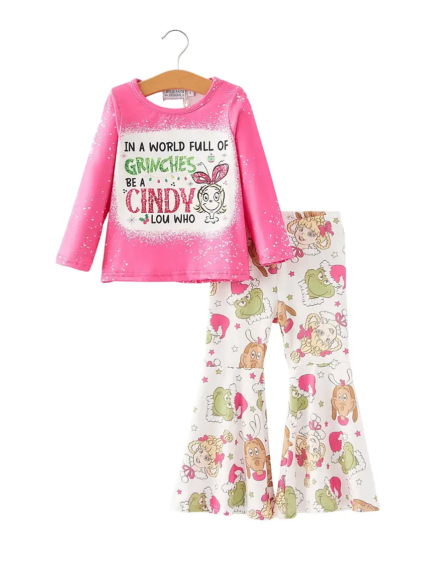 Christmas Girls Cartoon Letter Print Outfit Set