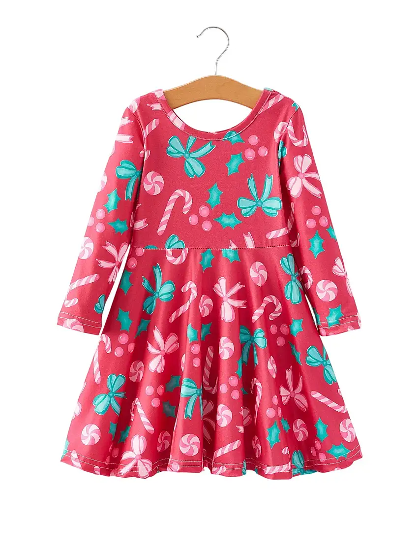 Christmas Candy Cane Bow Print Girls Dress
