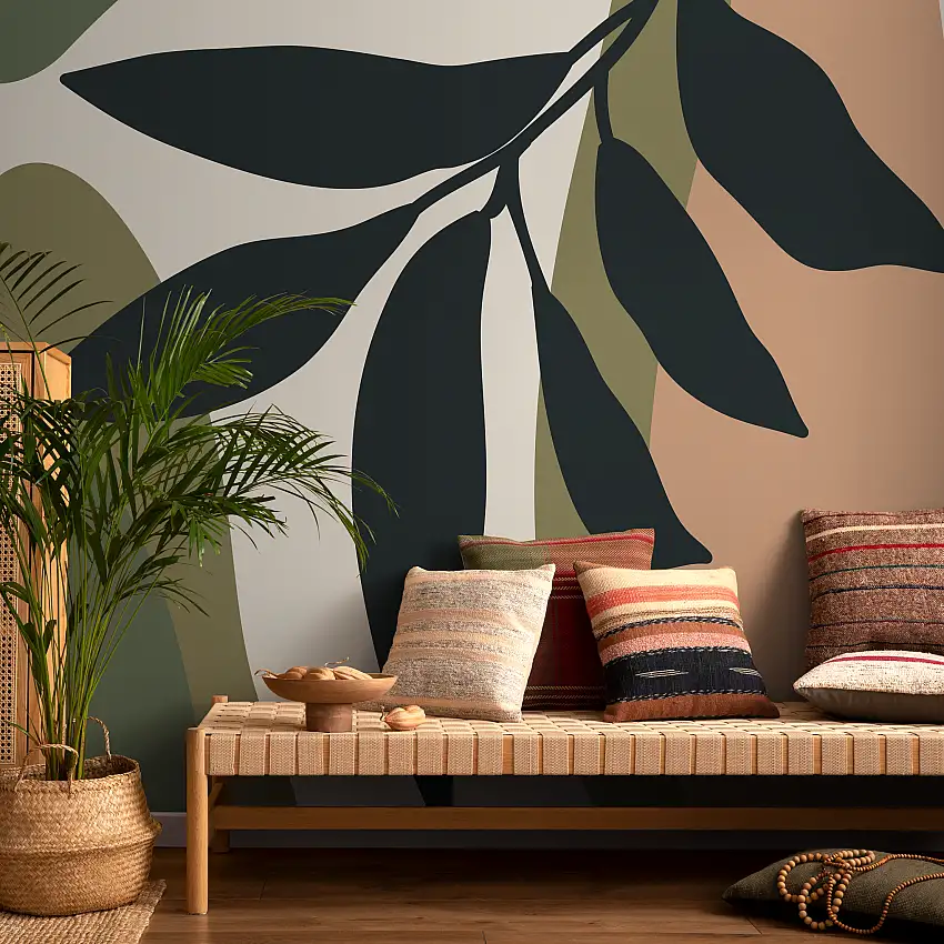 Abstract Botanical Wallpaper In Charcoal, Green, And Terracotta - C015