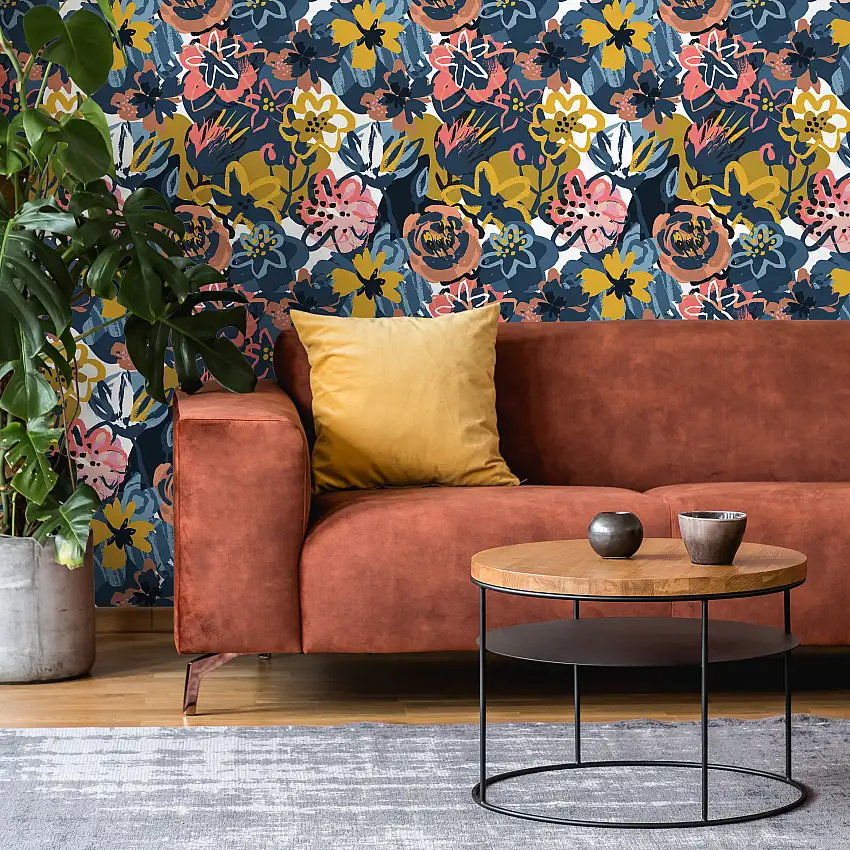 Abstract Floral Wallpaper With A Painterly Motif In Navy Blue, Yellow, And Pink - C127