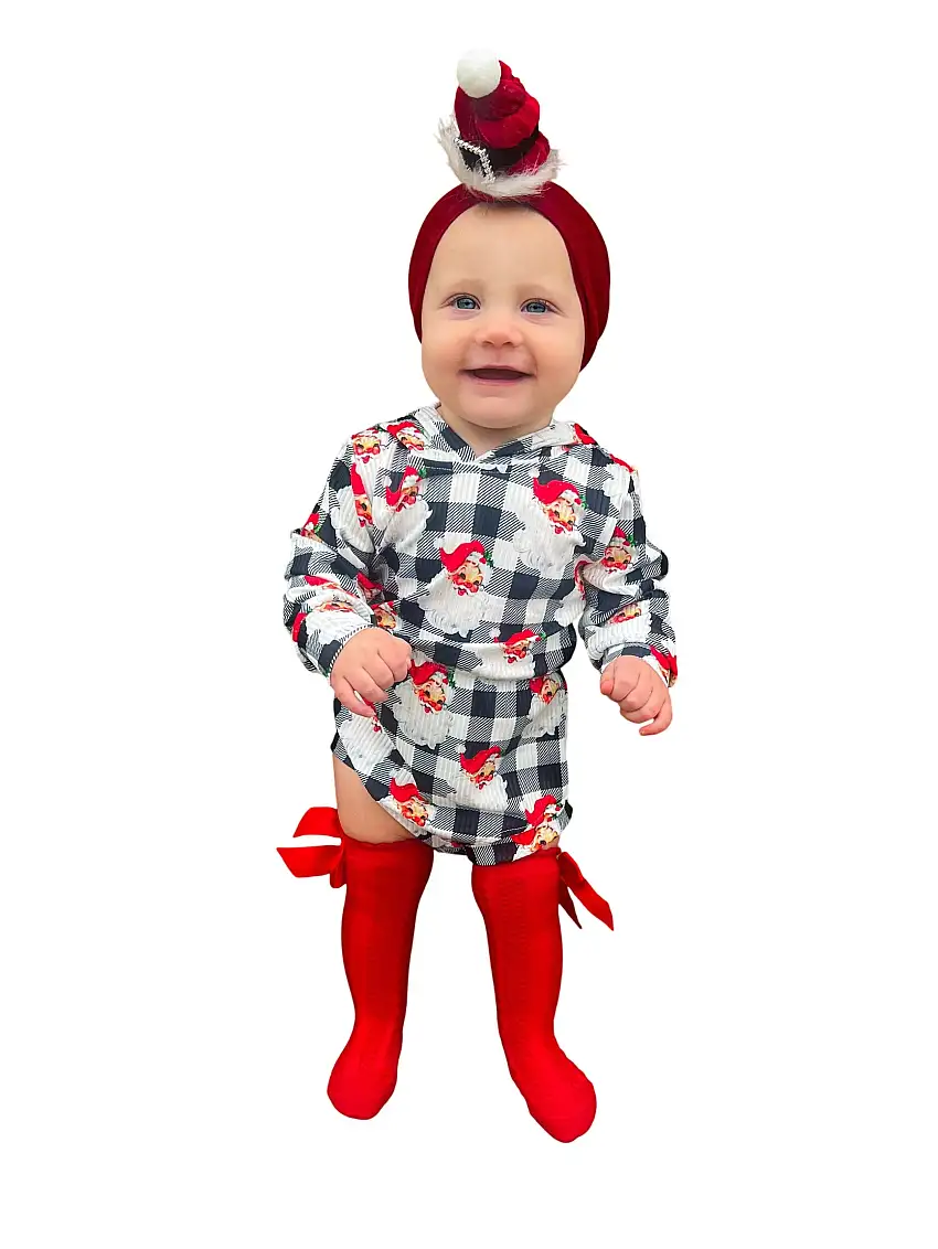 Checkered Santa Ribbed Hooded Romper