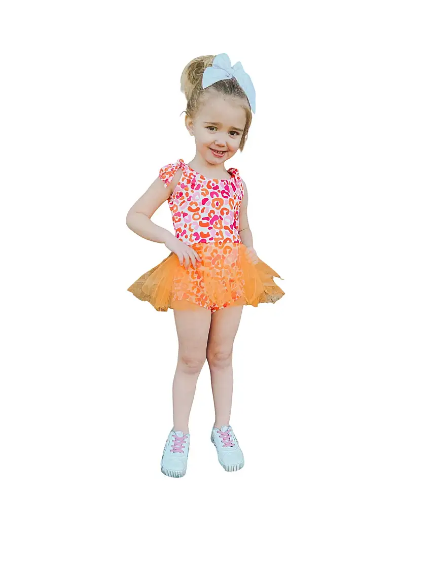 Orange And Pink Leopard Mesh Skirted Romper