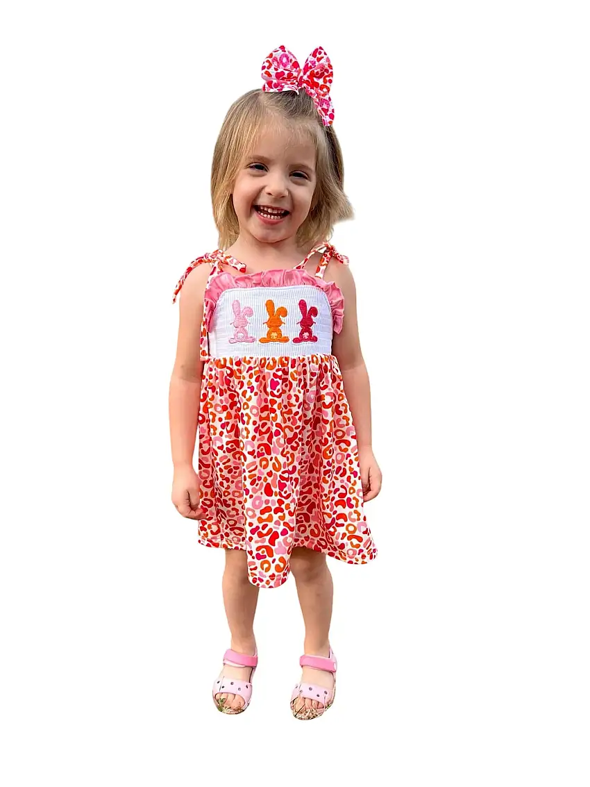 Smocked Orange And Pink Leopard Bunny Dress