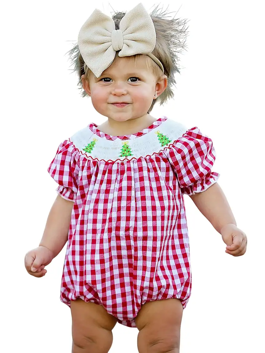 Christmas Tree Smocking Embroidered Girls Romper
