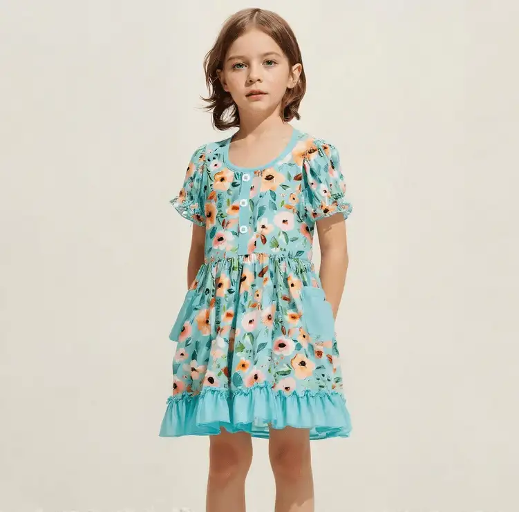 Spring Teal Garden Playwear Dress W/ Hair Bow