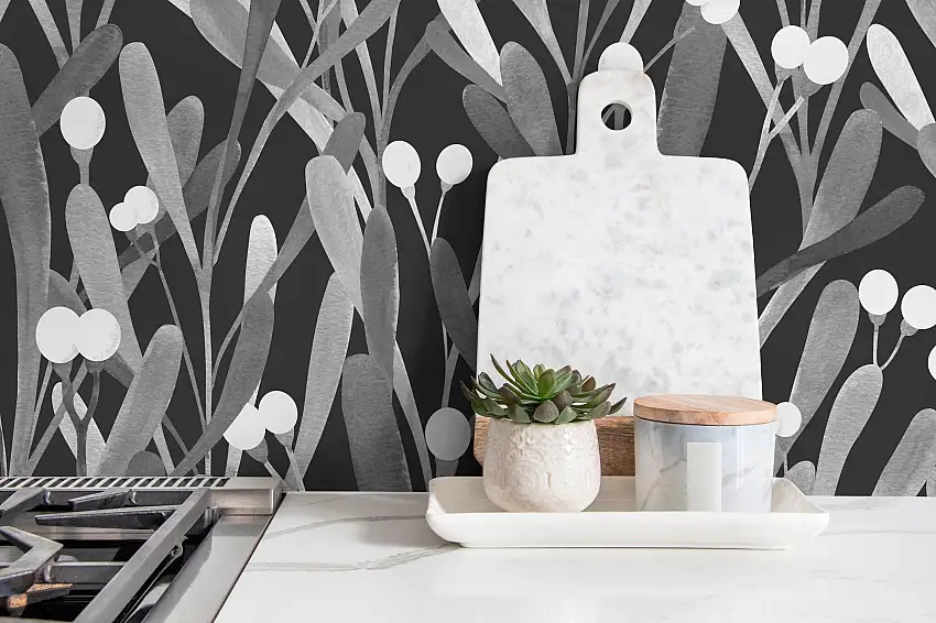 Botanical Wallpaper With Stylized Mistletoe Leaves In Black And Gray - X061